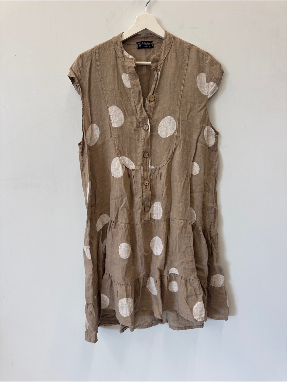 Bella Amore Taupe Polka Dot Tiered Linen Mini Dress Size S/M